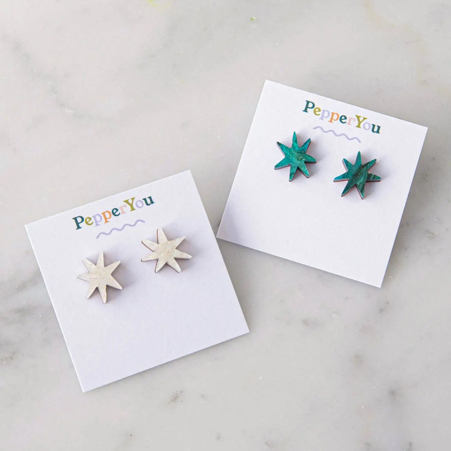 Hand Drawn Star Studs in Marble White Sparkle