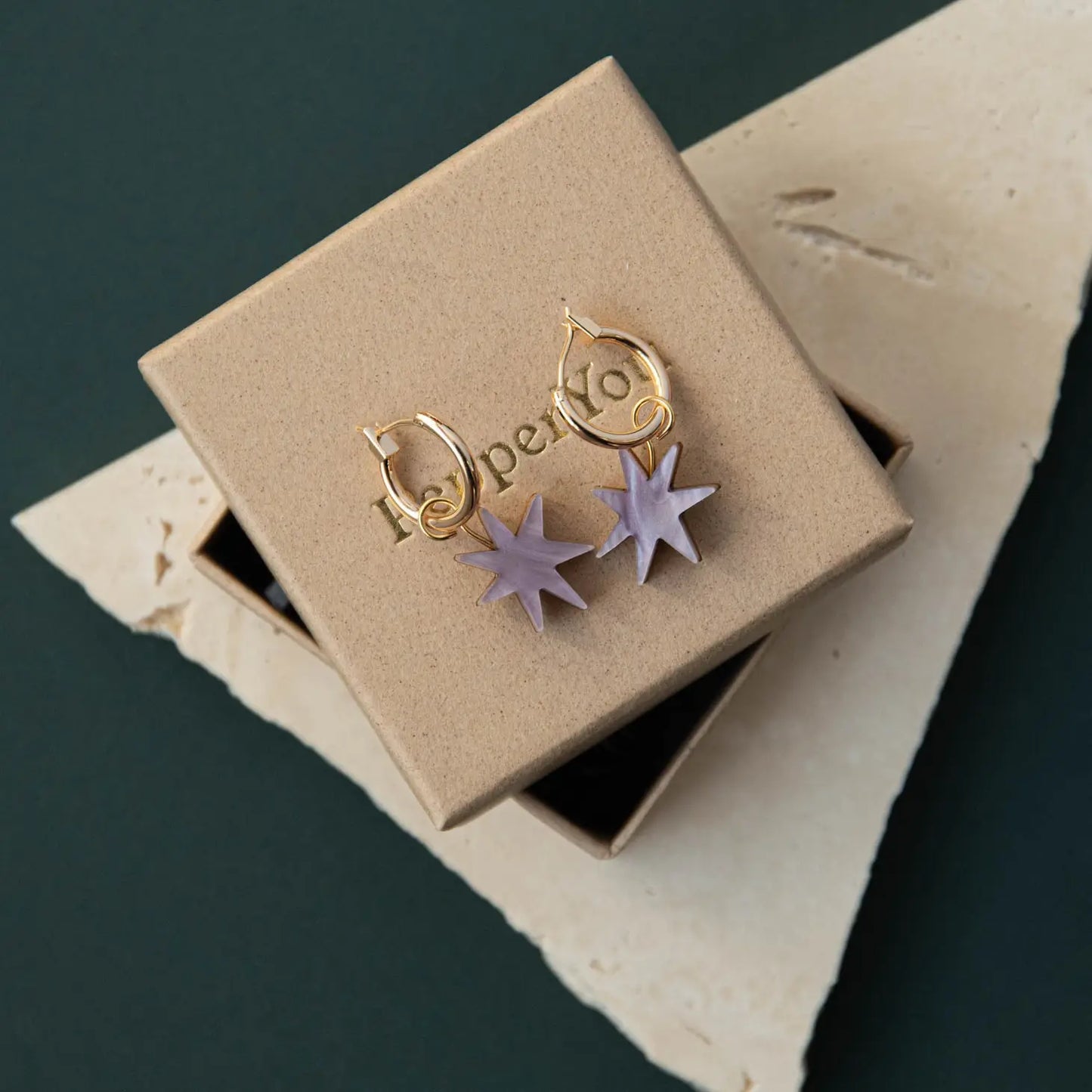 Hand Drawn Star Gold Necklace & Hoops in Lilac Marble Set