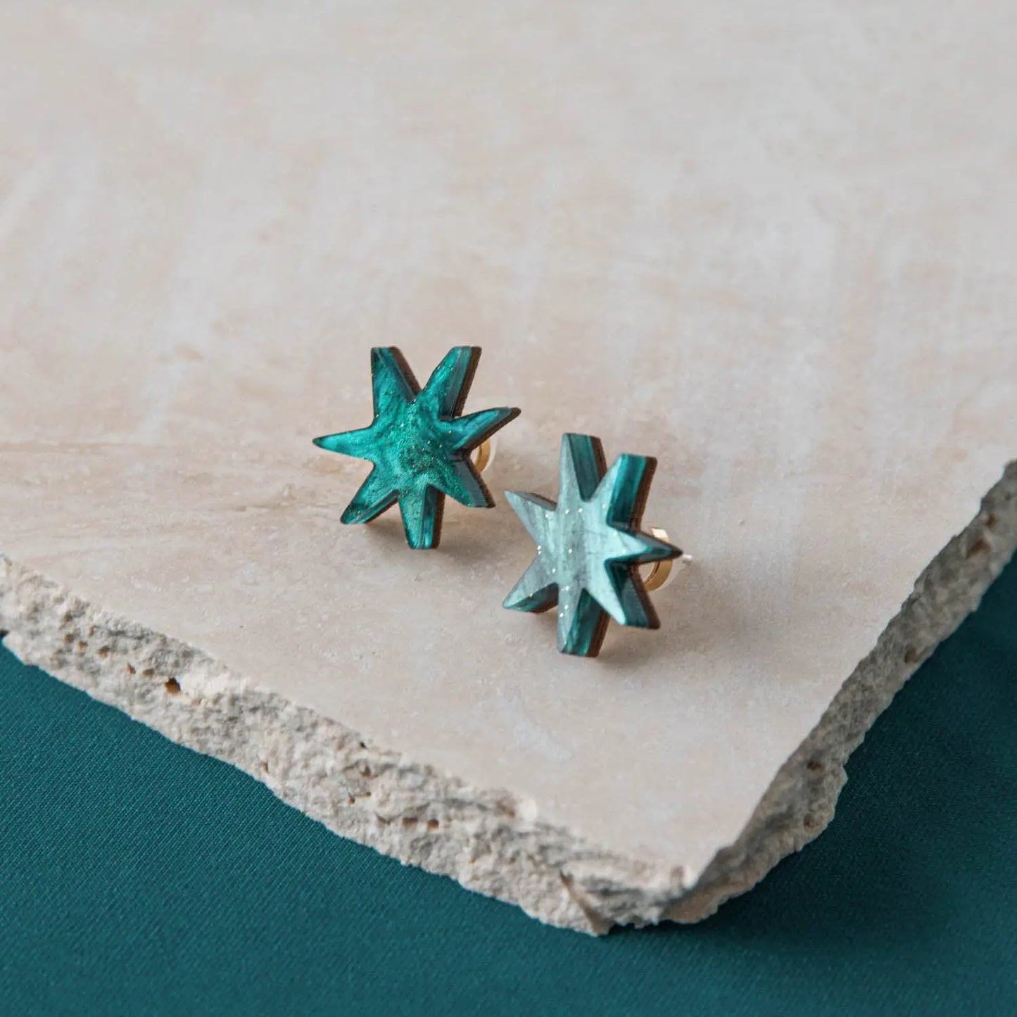 Hand Drawn Star Studs in Marble Teal Sparkle