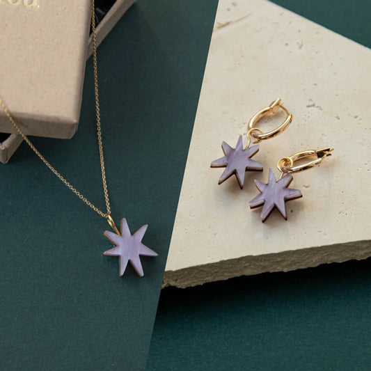 Hand Drawn Star Gold Necklace & Hoops in Lilac Marble Set