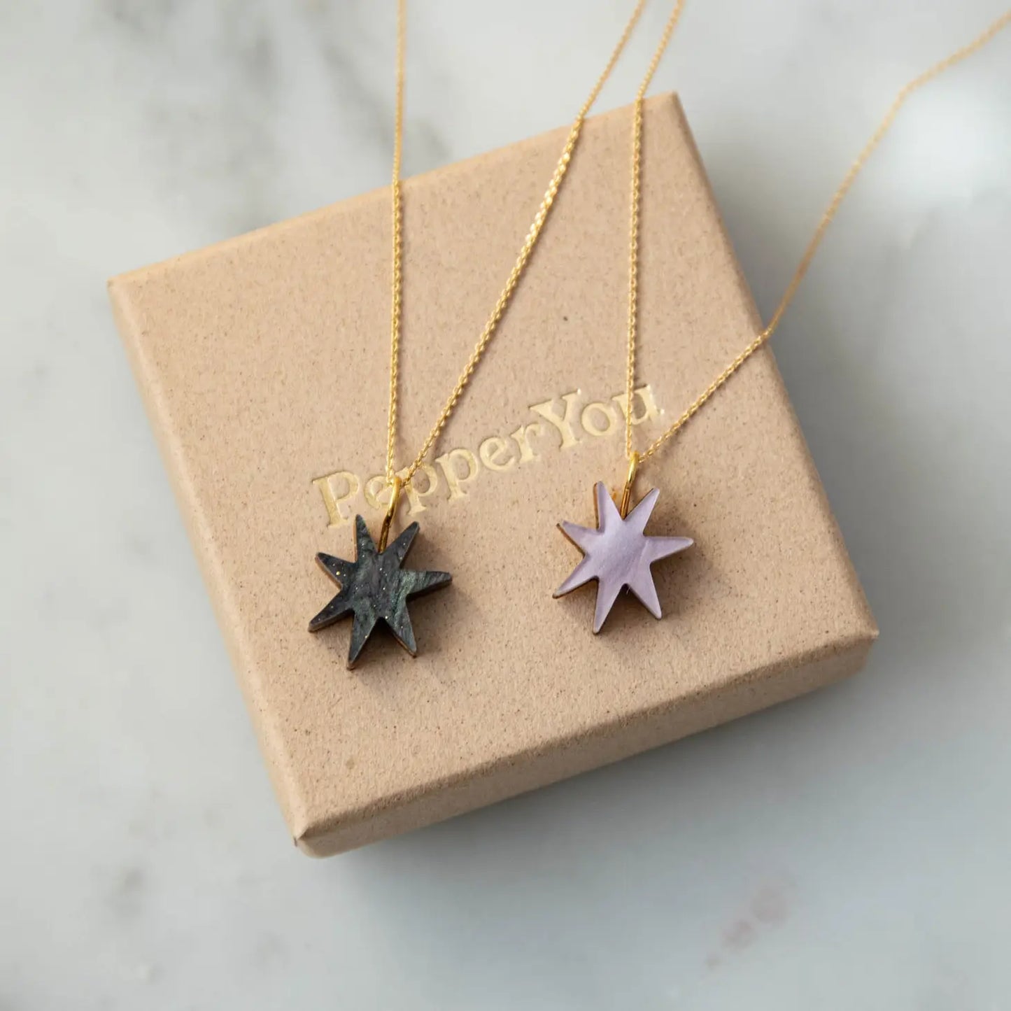 Hand Drawn Star Gold Necklace in Lilac Marble