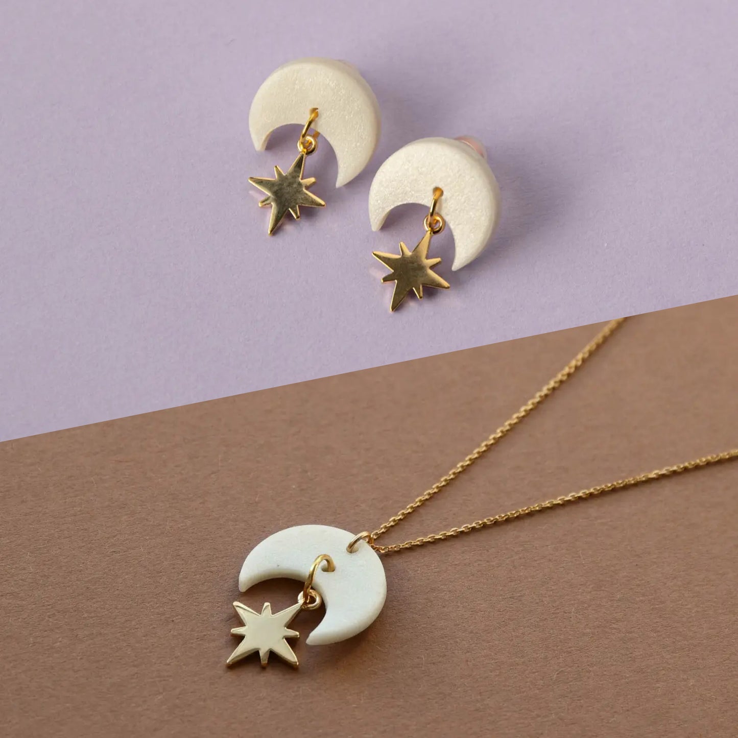 Celestial Star Gold Necklace & Stud Earrings in Pearly White Set