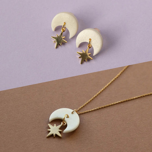 Celestial Star Gold Necklace & Stud Earrings in Pearly White Set